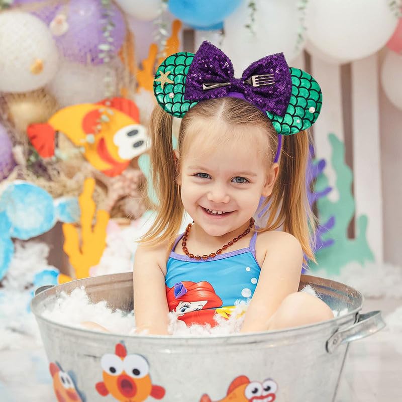 ETLUK Mouse Ears Headband, Mermaid Inspired Mouse Ears Sequin Bow Headbands for Adult Women Girls, Cosplay, Park Ears Party Decorations - Image 5